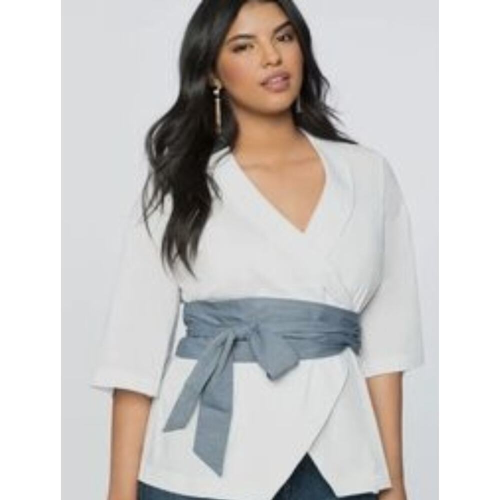 Eloqui dramatic wrap blouse with tie chic women's blouse white Sz 16 Office